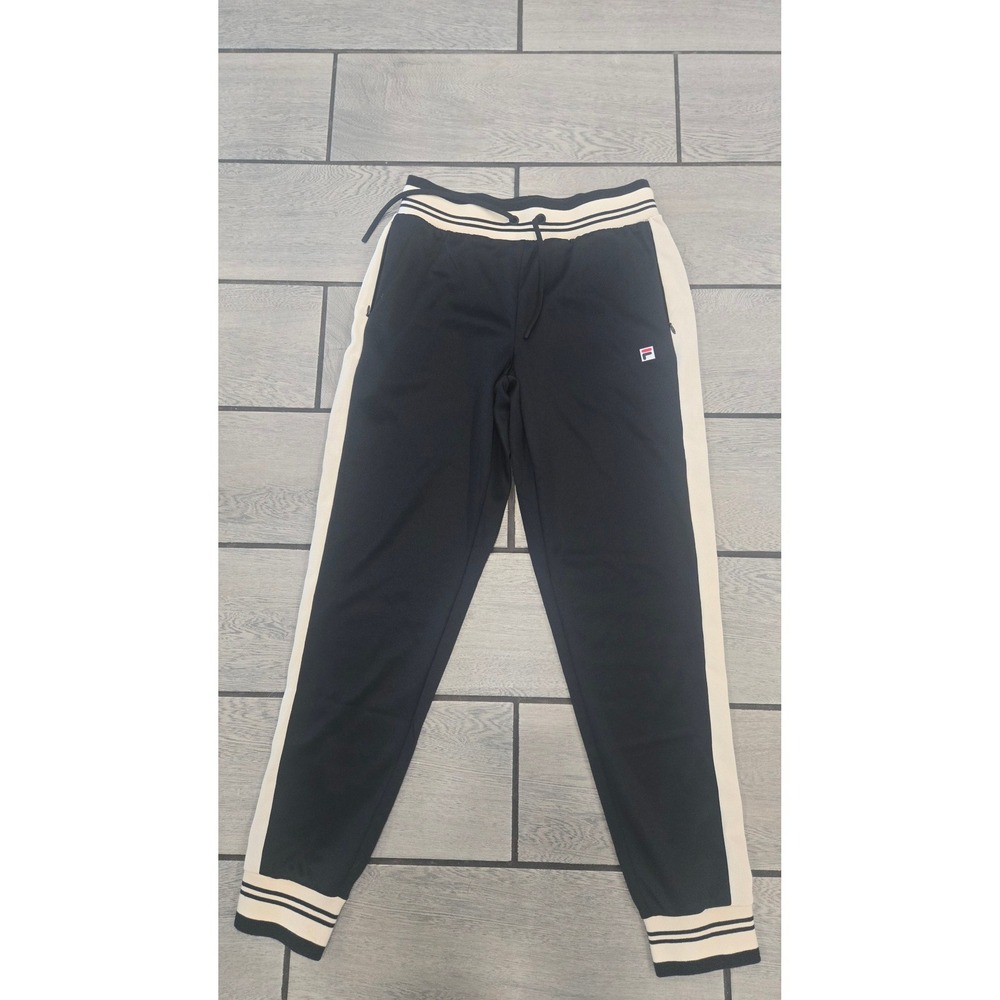 Fila Black Cream Striped Track Pants Womens XS Tapered Joggers Zipper Ankle Cuff